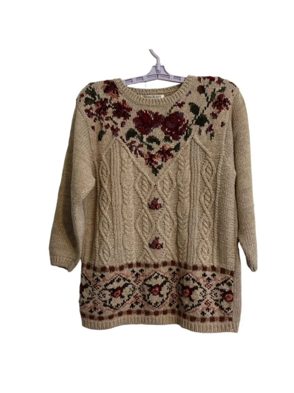 VNTG Chrysantheme Hand Knit Floral Cable Women's Sweater SZ M Ramie Cotton Cabin
